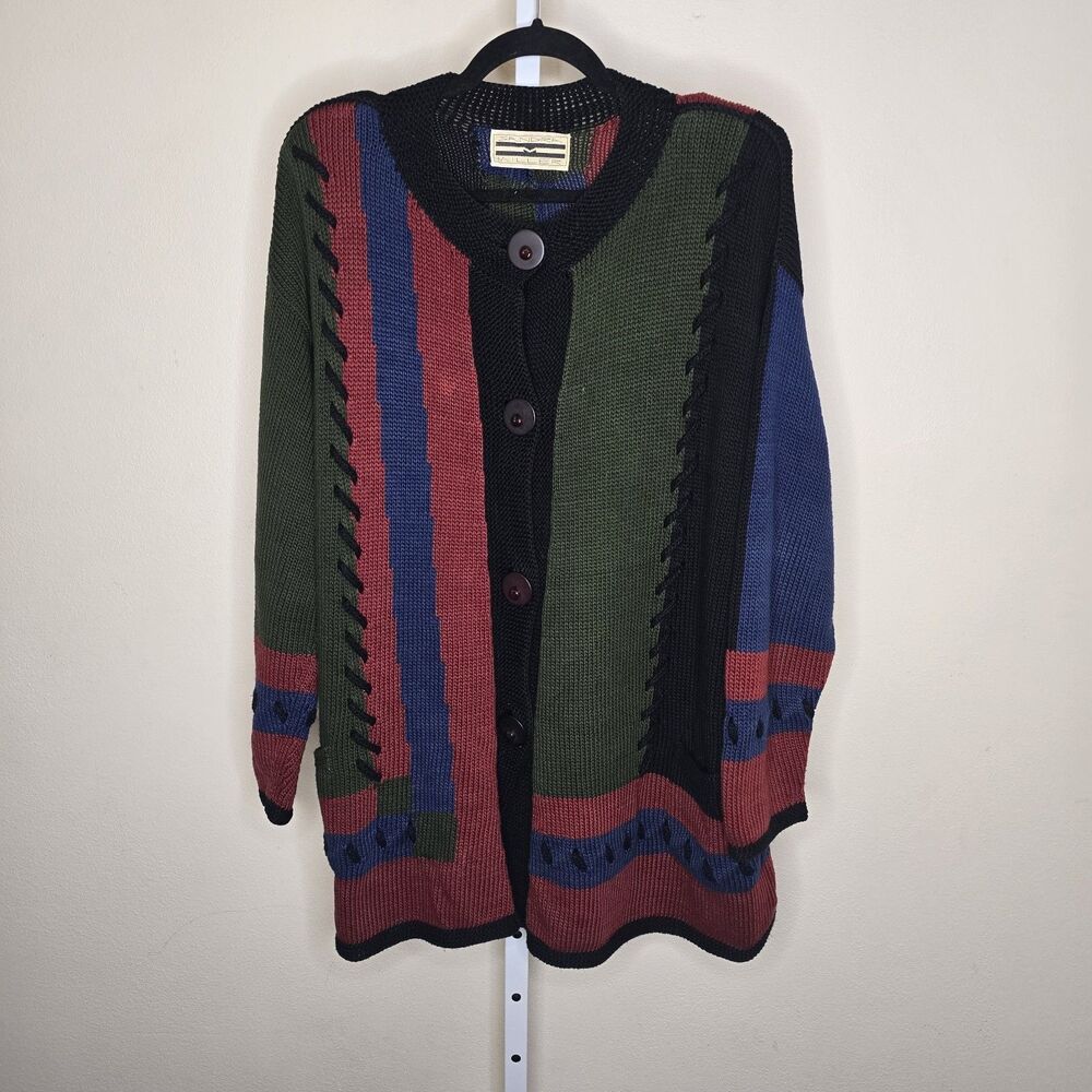 Vintage Sandra Miller Colorblock Art To Wear Button Front Knit Cardigan Sweater